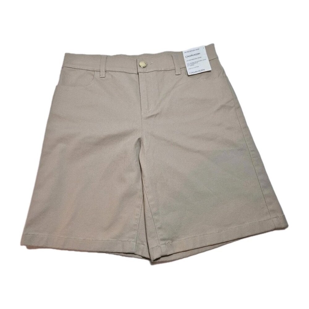 Calvin Klein Women’s Bermuda Short Tan Khaki Flat Front Stretch Mid Rise size 2
